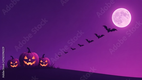 Spooky halloween background with glowing jack o lanterns and flying bats against a full purple moon sky