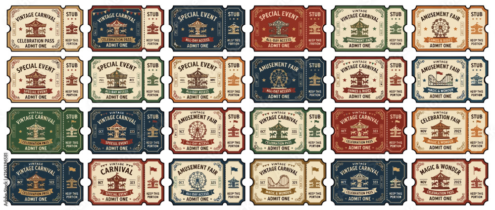 Fototapeta premium Vintage Carnival Tickets Collection Isolated Transparent Background Amusement Fair