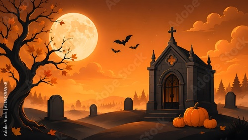 Spooky halloween graveyard scene with a large full moon silhouettes of bats and orange glowing sunset sky