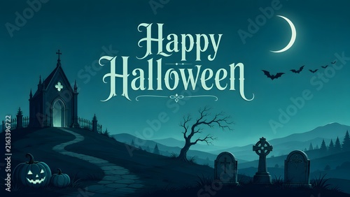 Happy halloween greeting card design featuring a spooky haunted church graveyard landscape under a crescent moon sky