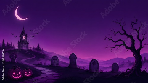 Spooky halloween landscape featuring a dark graveyard with tombstones a crescent moon and glowing jack o lanterns