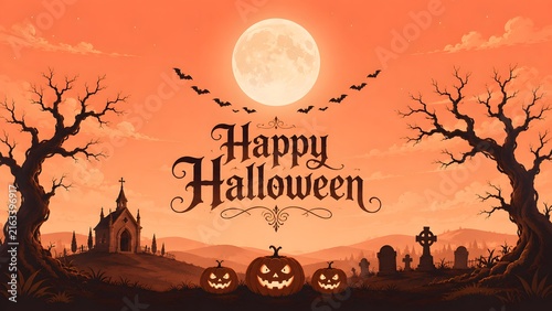 A spooky halloween background featuring a full moon silhouette bats scary trees pumpkins and a haunted graveyard