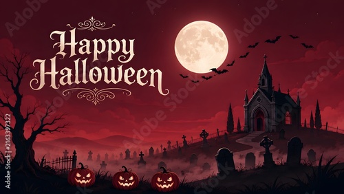 Happy halloween greeting card design featuring a spooky haunted castle silhouette under a glowing full moon background