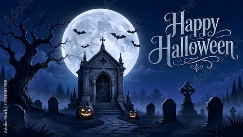 Happy halloween greeting card with a spooky cemetery scene featuring a full moon and flying bats background