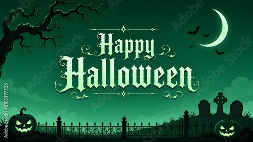 Happy halloween greeting card design with spooky graveyard silhouette and glowing jack o lanterns in green background