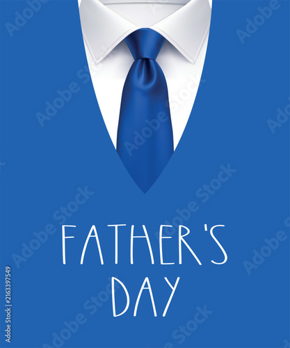 Fathers Day blue necktie and shirt collar greeting card with elegant handwritten typography on blue background