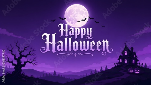 Happy halloween typography greeting card featuring a spooky haunted house silhouette under a full moon purple background