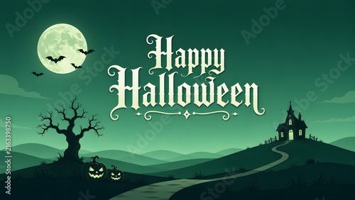 Happy halloween greeting card design with a spooky haunted house silhouette under a full moon night sky