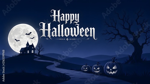 Happy halloween greeting card design with a spooky haunted house full moon and glowing scary jack o lanterns