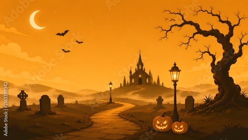 Spooky halloween landscape featuring a haunted castle graveyard pumpkin lanterns and a glowing crescent moon at night