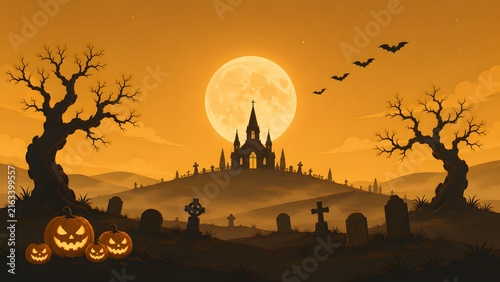 Spooky halloween background featuring a haunted castle graveyard silhouette under a glowing full moon orange night sky