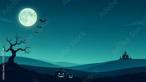 Spooky halloween night landscape featuring a glowing full moon bare trees and a distant haunted castle silhouette