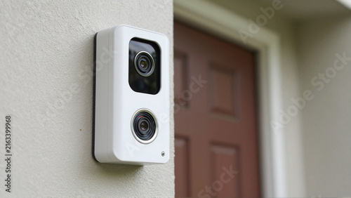 Dual lens surveillance camera mounted beside a residential front door for home security