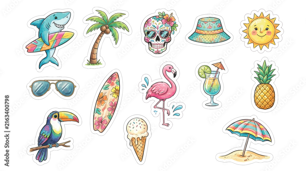 Obraz premium A vibrant collection of summer icons dolphins palm trees flamingos and tropical delights