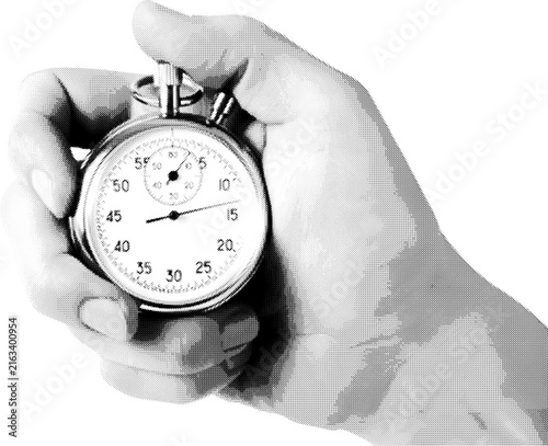 Close up of a hand holding a stopwatch featuring a stylish halftone dot effect vector graphic design
