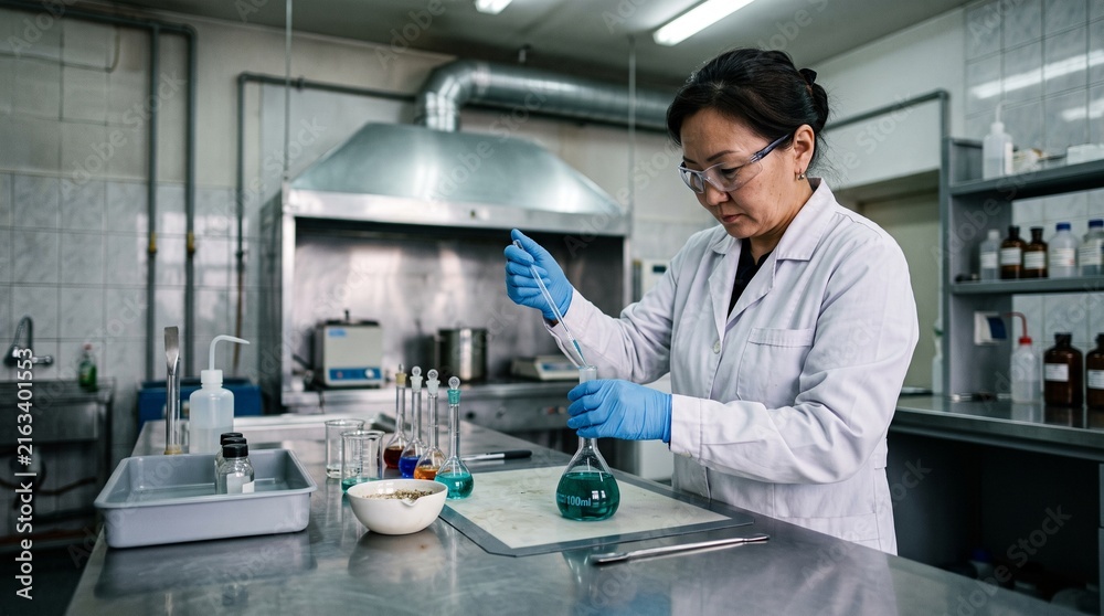 Fototapeta premium Chemist prepares a copper assay solution for mining control