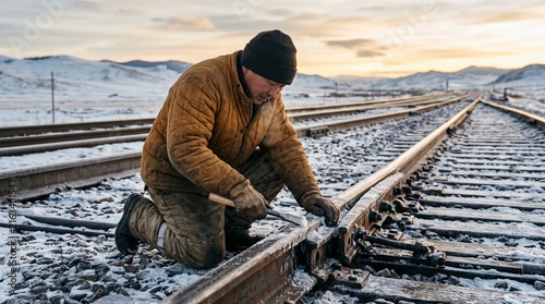 Rail technician clearing ice from a frozen turnout