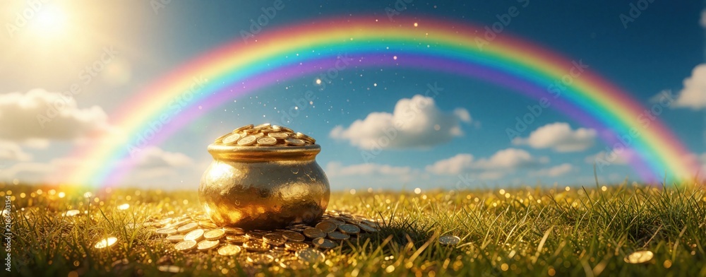 Fototapeta premium Golden pot filled with coins sits on green grass under bright rainbow. Magical treasure stays at end of rainbow in sunny sky with clouds. Lucky gold coins shine in meadow. Fantasy concept for wealth
