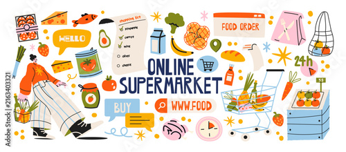 Online supermarket grocery shopping and food delivery, fresh fruits, vegetables, bread, cheese, milk and shopping cart, retro cartoon style. Digital grocery ordering, ecommerce food store 