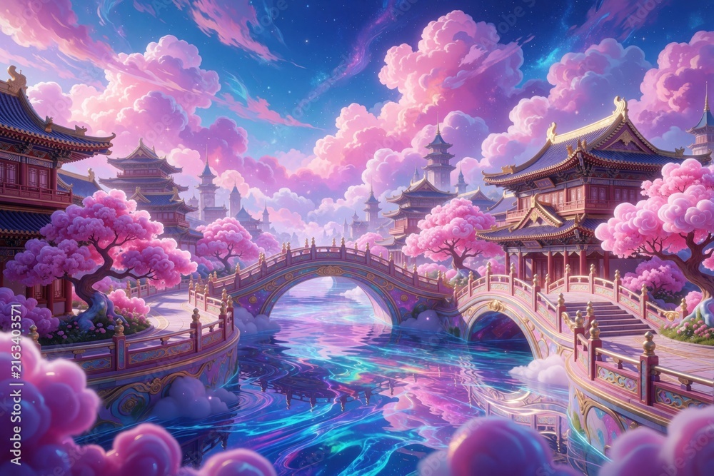 Fototapeta premium Fantasy digital art shows magical oriental city with pink cherry blossom trees. Ornate traditional pagodas, arched bridges sit among colorful clouds. Dreamy landscape features glowing river under