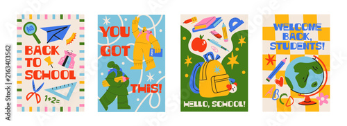 Back to school posters for students and education, colorful cards with backpacks, books, pencils, globe and school supplies, retro cartoon style, classroom decor, welcome messages and academic 