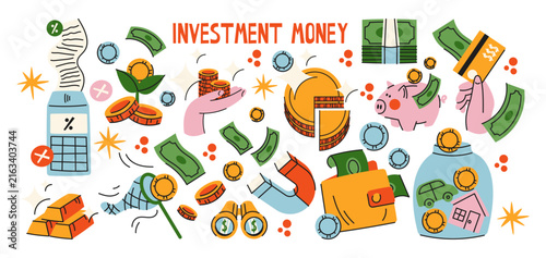 Investment money and personal finance concept with cash, coins, piggy bank, calculator, wallet, savings and property, retro cartoon style for banking, budgeting, wealth financial management 