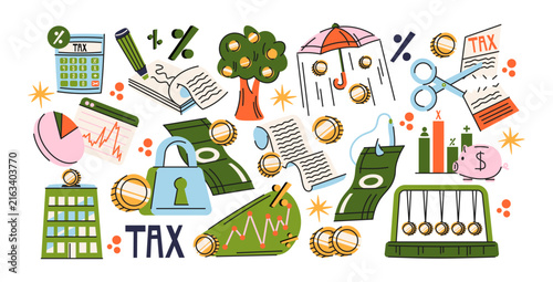 Tax and finance stickers with calculator, money, coins, documents, charts, percentages and accounting symbols in colorful retro cartoon style. Business finance, taxation and financial planning concept