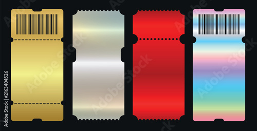 Four gold, silver, holographic, red foil ticket mockup, y2k retro event admission, vip event pass template. Realistiс premium golden coupon, neon flyer. Vector illustration EPS10