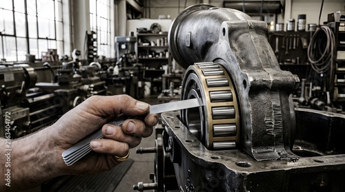 Mechanic Measuring Bearing Clearance With Feeler Gauge On Heavy Machine Part In Industrial Workshop