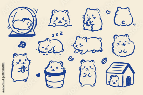 Cute hamster doodle set in minimal line style. Hand drawn pet characters in different poses with accessories. Simple vector illustration isolated on neutral background.
