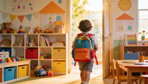 Heartwarming Child with Colorful Backpack Entering Bright Welcoming Classroom, First Day of School Storytelling, Warm Sunlight, Inclusive Family Advertising Photography with Copy Space