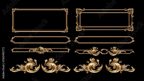 Set of elegant golden baroque decorative frames and ornate vintage borders on black