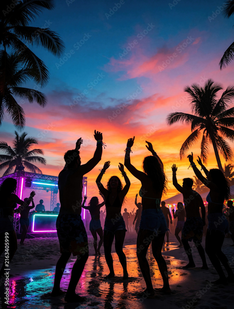 Naklejka premium Group of people dance at beach party during sunset. Silhouettes of friends enjoy music festival with neon lights on tropical island. Young crowd celebrates summer nightlife near ocean with palm trees