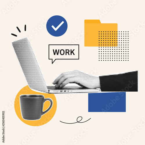 Modern work concept with laptop and coffee. Creative collage with geometric shapes and office elements in trendy minimal style.