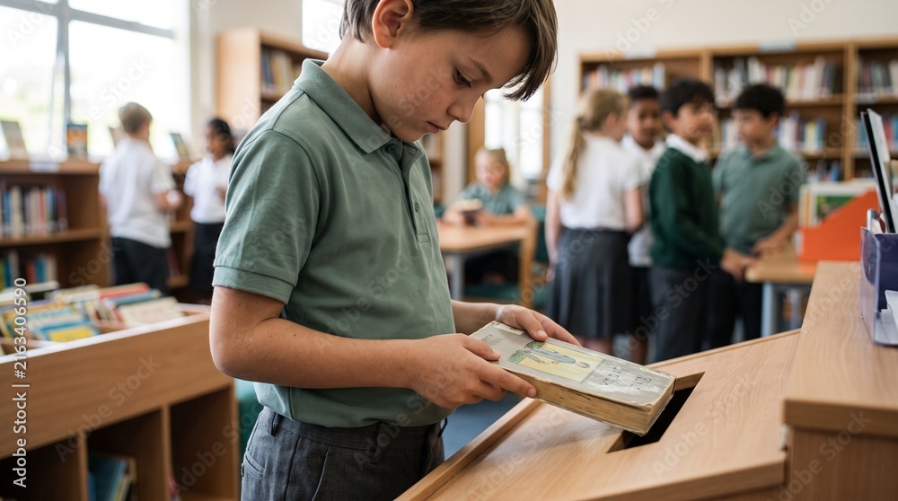 Obraz premium Young boy in school uniform holding a book in a library with other students in the background