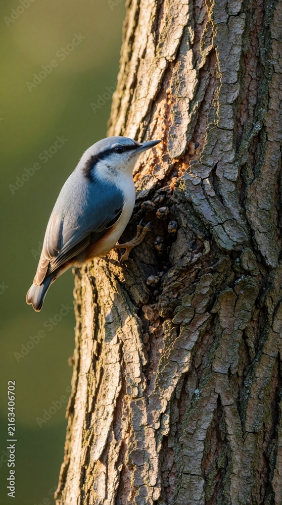 Naklejka premium Small nuthatch bird with blue gray back and white underside climbs down tree trunk. Sharp focus on feathered creature foraging on rough bark in warm sunlit forest. Wildlife detail.