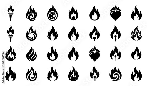 Set of various black fire and flame icons isolated on a white background for graphic design projects
