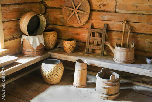 Konstfotografi Objects of peasant life in a wooden hut