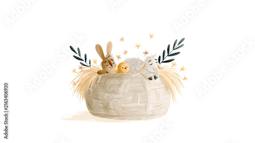 Whimsical Animals Nestled in a Woven Basket with Flowers