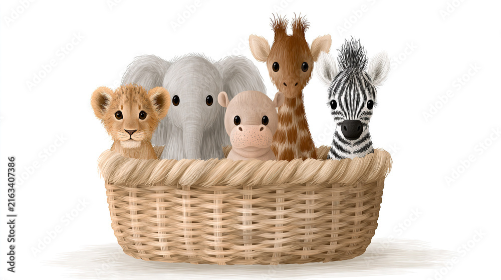 Naklejka premium Five Baby Animals Sitting in a Wicker Basket