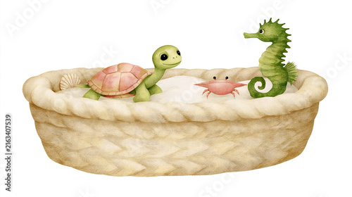 Whimsical sea creatures in a textured basket