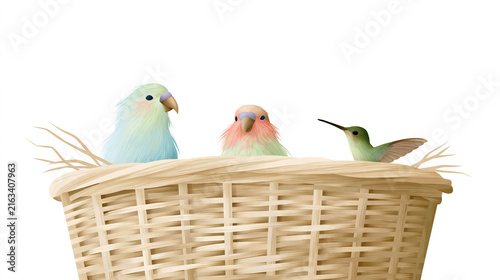Three colorful birds perched on a woven basket
