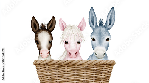 Three cartoon animals peeking over a woven basket