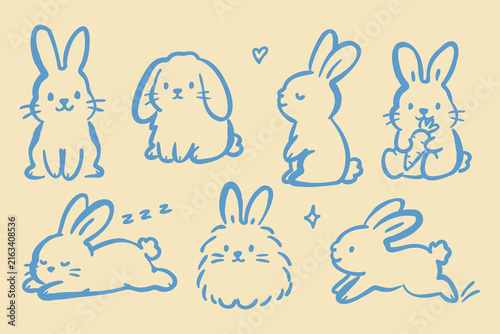 Cute bunny doodle set in whimsical naive style. Hand drawn rabbit characters with simple blue lines, playful poses and cozy pastel background.