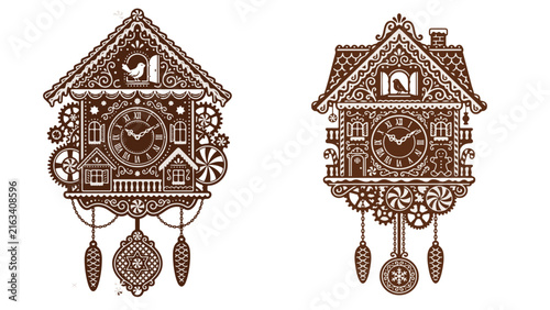 Gingerbread Cuckoo Clock Vector Set with Peppermint Gears and Vintage Christmas Cookie Details