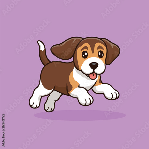 Canvastavla Cute Cartoon Beagle Puppy Jumping Playful Dog Illustration On Purple Background