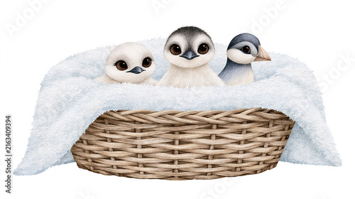 Baby birds peeking out from a woven nest on fluffy fabric