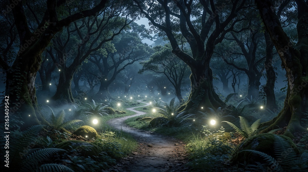 Fototapeta premium Mysterious forest path winds through ancient trees lit by glowing orbs. Foggy woods create a magical, dreamlike atmosphere for a solitary journey.