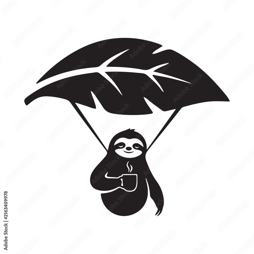 Naklejka premium Cute sloth hanging from a giant leaf holding a hot cup of coffee as a parachute design Vector
