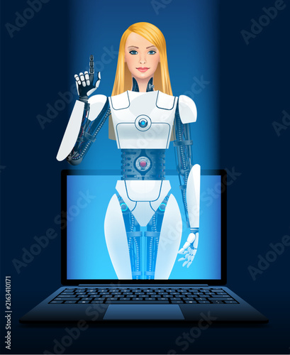 Front view of a laptop with a blue screen and beautiful blonde biorobot girl standing in front and pointing with his finger up on dark blue background.  Vector illustration in 3d style